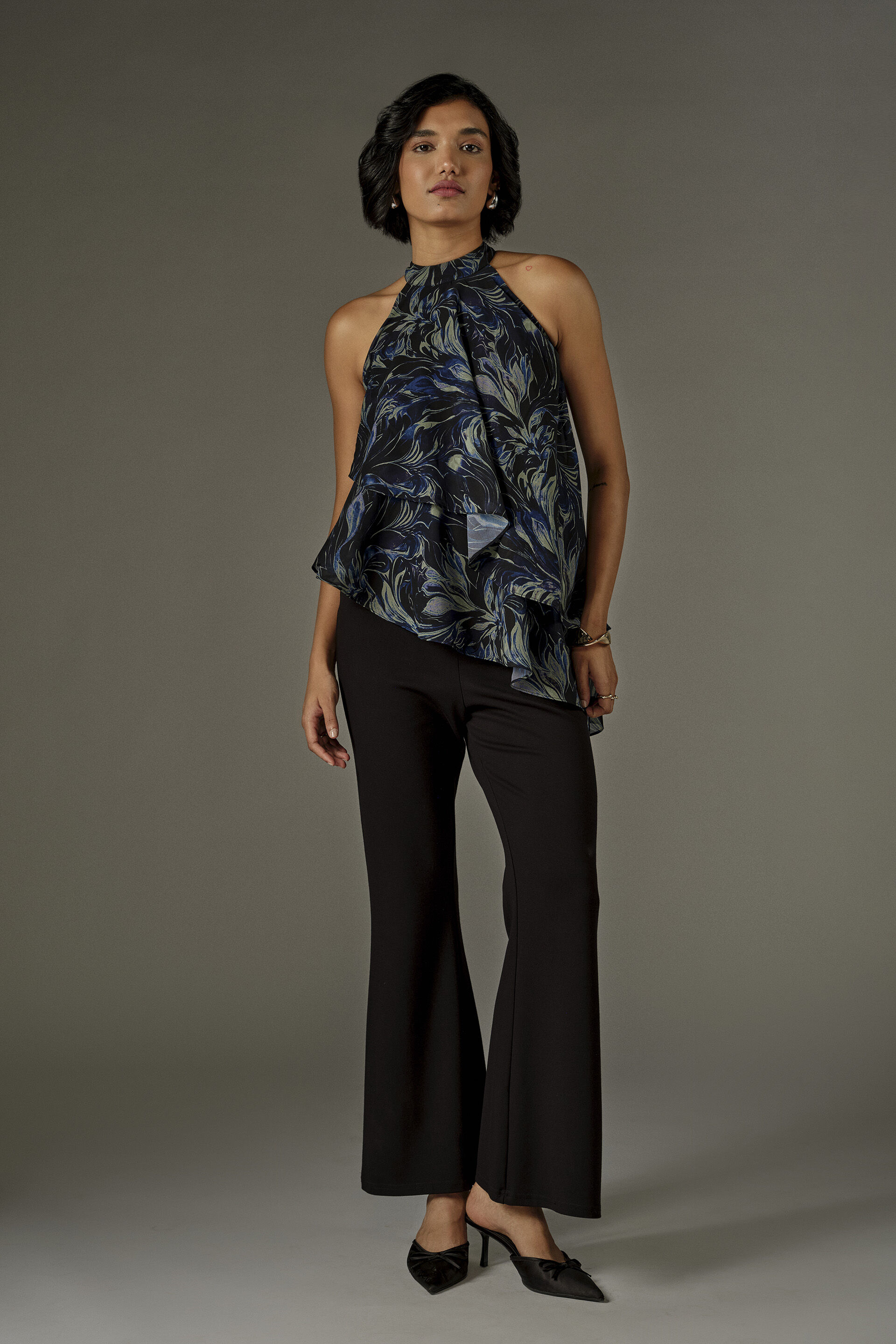 Asymmetric Abstract Print Halter Top in Blue, Blue, image 3